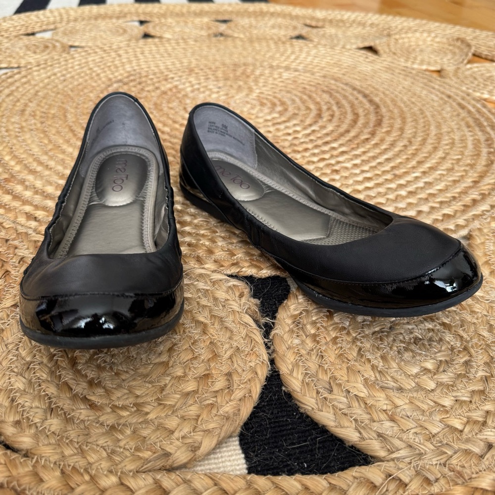 Me Too Black Flats with Patent Toe Cap and Versatile Design